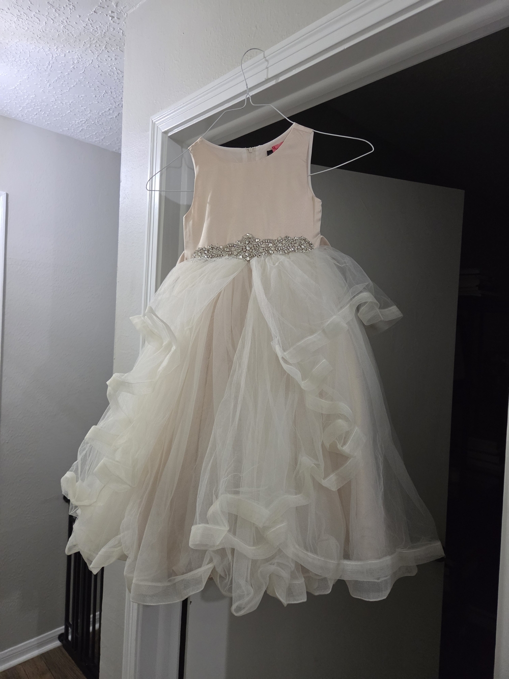 Girls Cream Tulle Party Dress with Rhinestone Waist